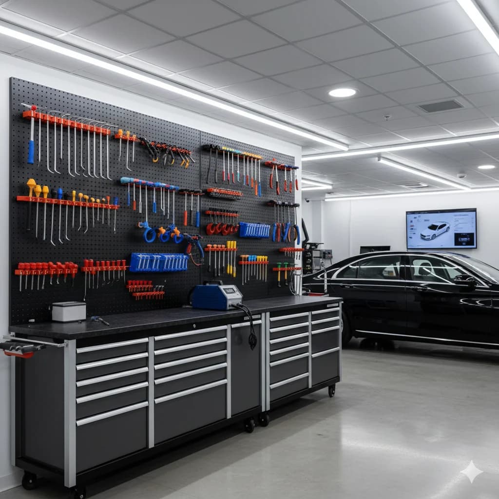 Temiz aydınlatma ve duvardaki modern tamir aletleri ile yüksek teknolojili atölye